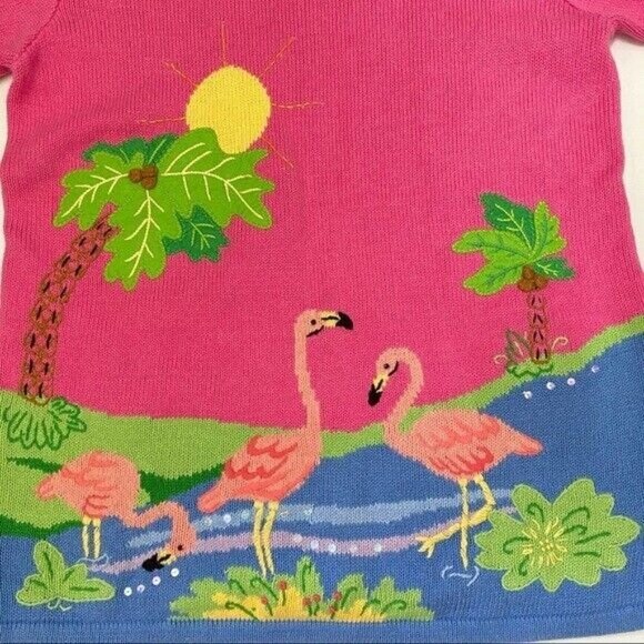The Quacker Factory Pink Flamingo Embroidered Short Sleeve Sweater Sz Med Tropic - Picture 2 of 8